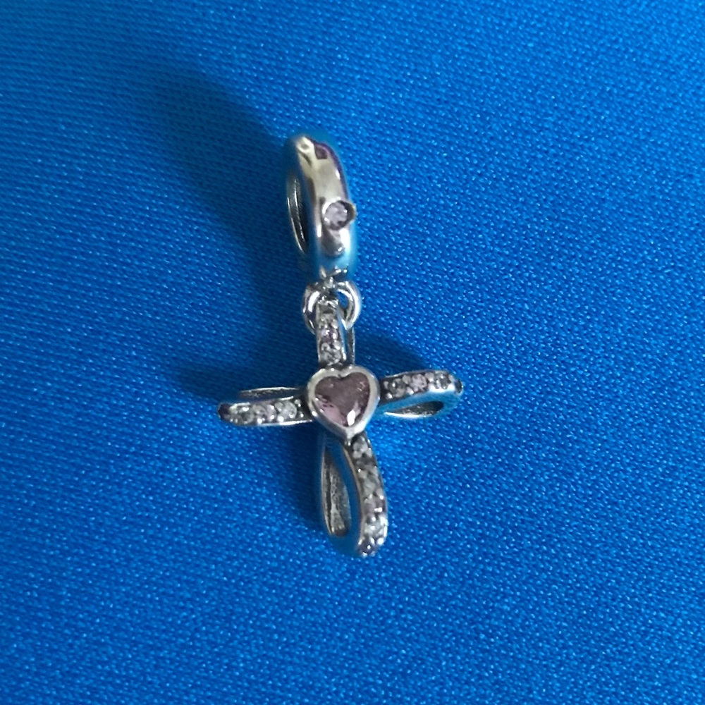 Sterling Silver Cross Heart Charm Pendant - Pink Crystal Accent
